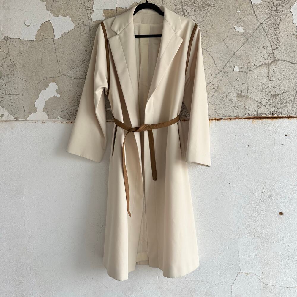 Vtg 60s Youthcraft Voyager West‎ Coat Cream Tan Leather Trim Belted Women S Mod